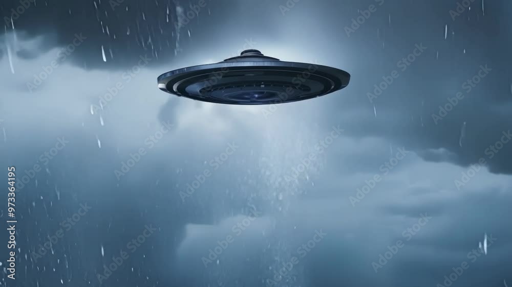 Poster Large, ominous spaceship is hovering over an empty road during a rainstorm. The sky is dark and cloudy, creating a mysterious and eerie atmosphere
