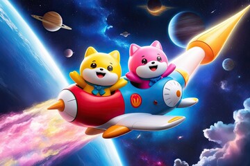 Fototapeta premium Colorful 3D Kawaii Characters Flying Through a Whimsical Space Landscape