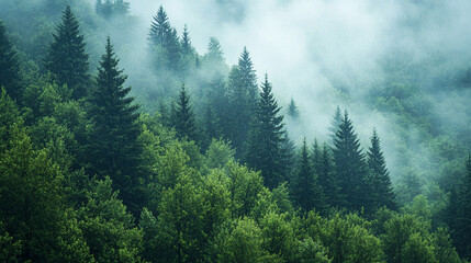 Misty forest landscape with tall evergreen trees during a tranquil morning in spring