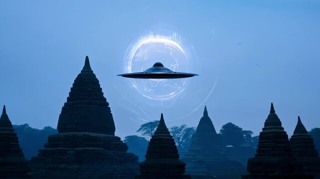 Mysterious and intriguing scene of a classic ufo flying over a field of ancient temples at dusk, creating a thought provoking atmosphere