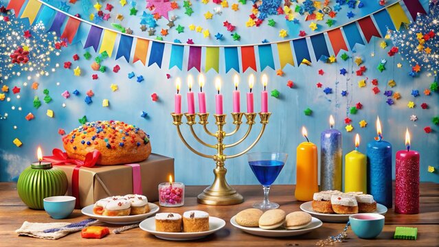 Vibrant menorah and traditional Jewish elements surround a colorful "Shana Tova" banner, festive tableware, and confetti, celebrating a joyful Happy New Year in Hebrew style.