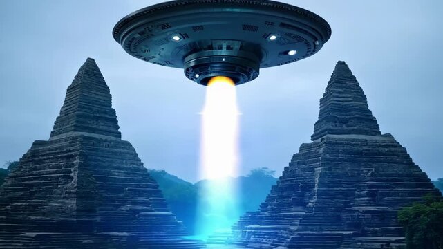 Two ancient temples are standing side by side in a clearing of a dense jungle, shrouded in the mystical atmosphere of dusk with a dramatic sky in the background