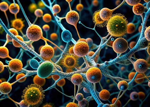 Vibrant microscopic image of fungal antheridia, showcasing delicate, sac-like structures surrounded by intricate
