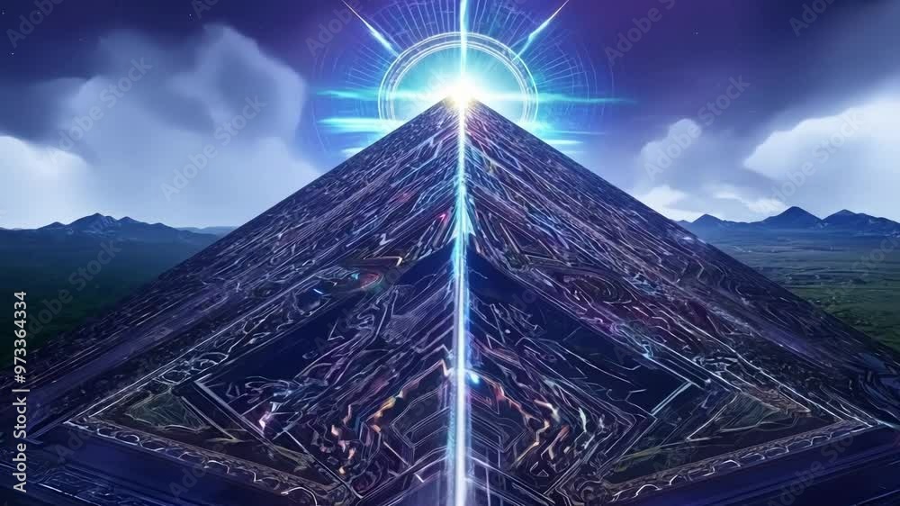 Aufkleber giant metallic pyramid with glowing lights and intricate patterns emitting a powerful beam of light 