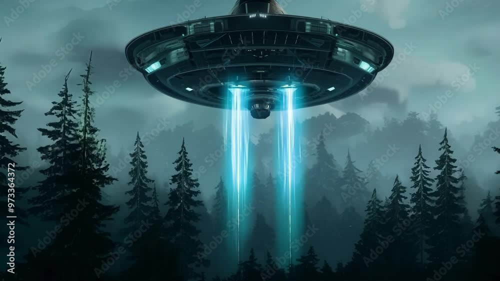 Poster Large alien spaceship hovers over a dark forest at night, surrounded by fog, creating an eerie atmosphere