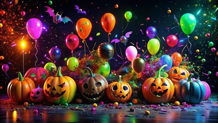 Vibrant neon-colored splatters and streaks cover a dark background, surrounded by Halloween-themed decorations, balloons, and confetti, capturing the energy of a wild and playful celebration.