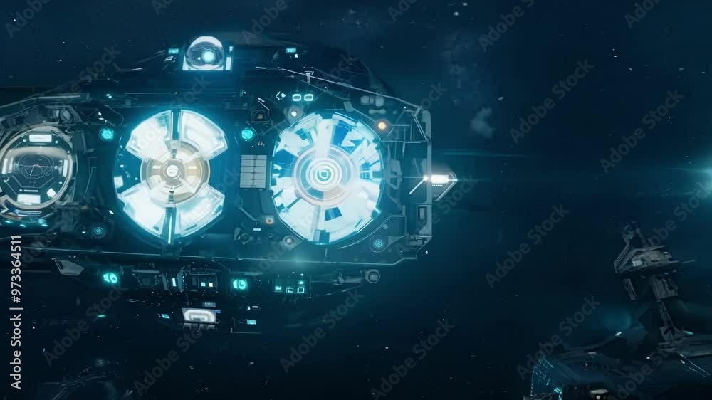 Poster Futuristic spaceship is traveling through space with its glowing engines firing. The spaceship is passing by a blue planet with swirling clouds