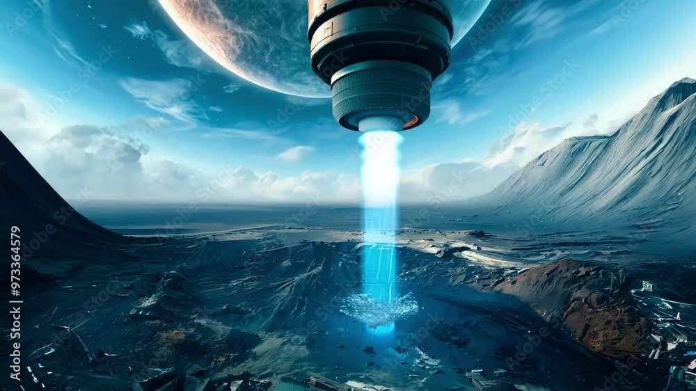 Poster Spaceship is hovering over a desolate planet surface, extracting energy with a powerful beam. The scene evokes themes of space exploration, futuristic technology, and the search for resources