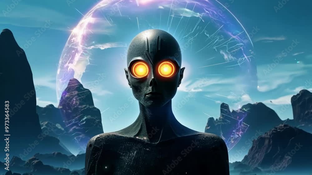 Poster Alien with glowing eyes is observing through a force field in a mountainous landscape, showcasing the mysteries of the universe and the potential for extraterrestrial life