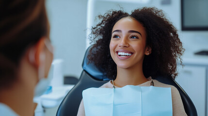 Smiling woman chats with dentist during check-up in modern clinic, focusing on oral health. African american with curly hair, showing trust and commitment to dental care