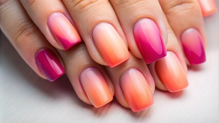 Vibrant ombre-effect nail art featuring graduated shades of coral, pink, and purple hues on short, neatly trimmed fingernails against a soft, white background.