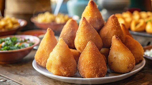 Coxinha on the table, traditional brazilian food moves with smoke around
