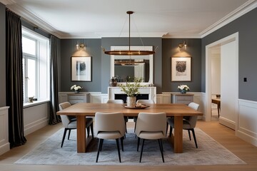 Fototapeta premium Elegant and Spacious Dining Area Design Featuring Contemporary Style and Oak Table