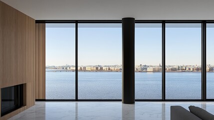 Fototapeta premium This elegant living room features a grey sofa and a dining table, with floor-to-ceiling windows showcasing a snowy river view in a modern mansion