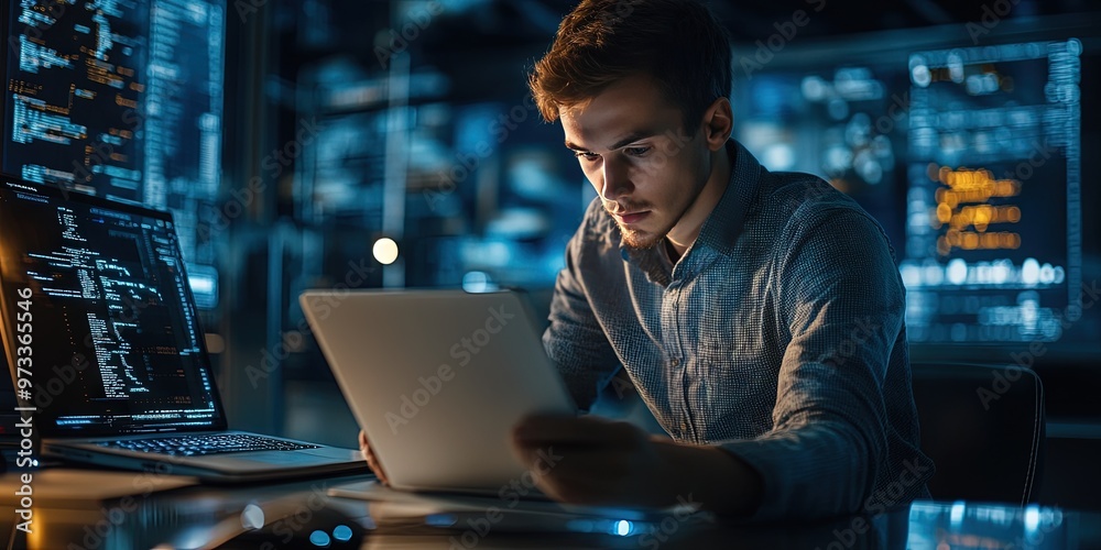 Sticker man using laptop in office with glowing monitors