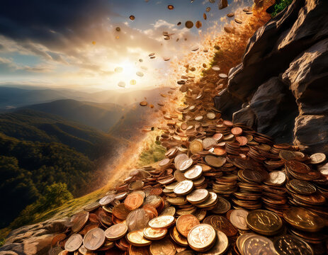 Wave of golden coins is falling from the sky and accumulating on a mountain top, with a beautiful sunset in the background