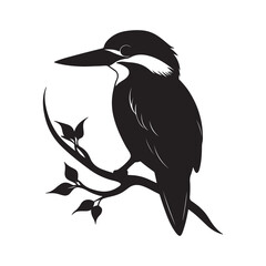 Beautiful Kingfisher Bird Art, Kingfisher Silhouette Illustration on Tree Branch, Artistic Kingfisher Bird Silhouette, Simple Kingfisher Bird Outline Illustration,Kingfisher Silhouette 
