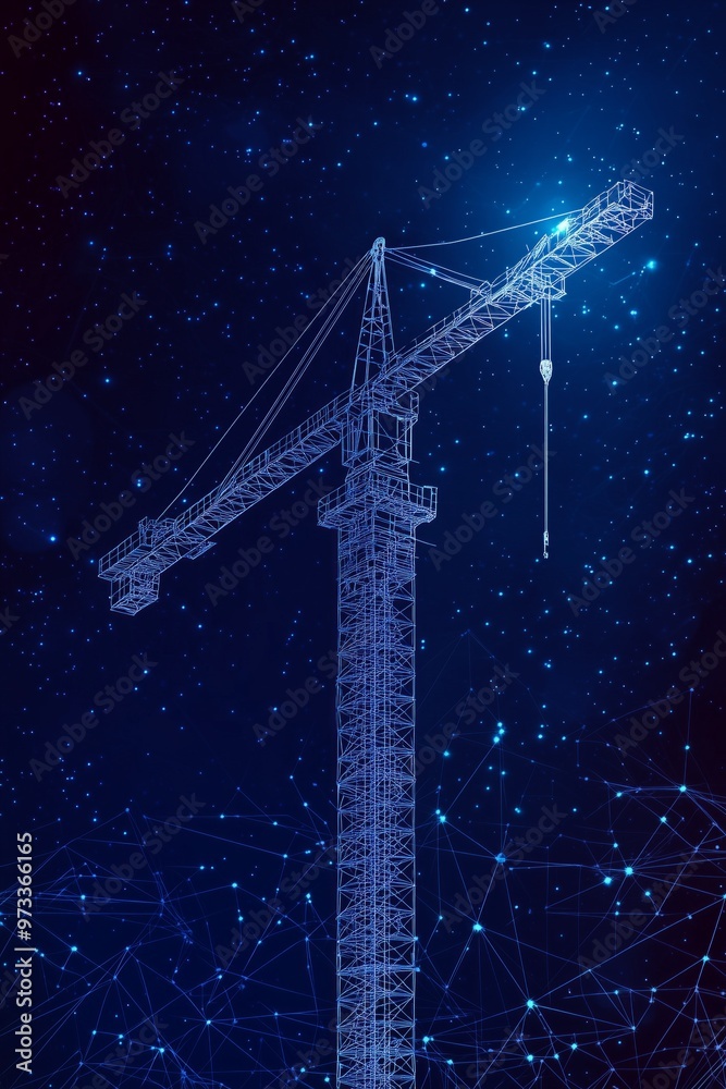 Wall mural construction crane with polygons on blue background Generative AI