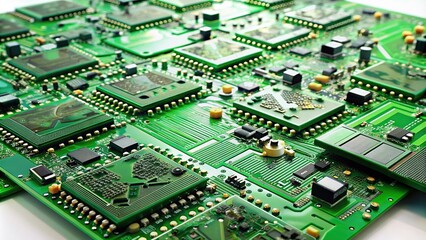 A close up shot of numerous green printed circuit boards PCBs arranged on a clean white background showcasing intricate electronic components and connectivity, communication, silicon