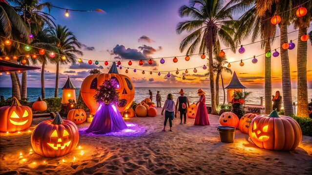 Vibrant orange and purple decorations adorn a sandy beach where costumed revelers gather, surrounded by spooky inflatables and twinkling string lights, at a beachside Halloween bash.