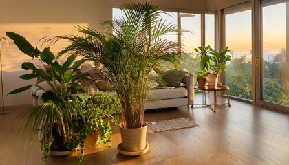 Fototapeta premium Lush indoor houseplant arrangement with a variety of tropical plants in a modern living room