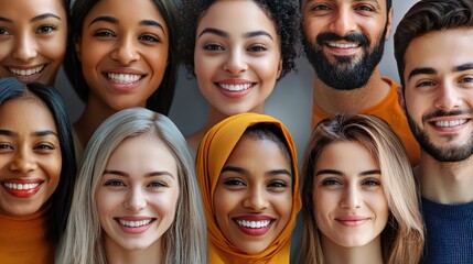 Group portrait of multi-ethnic people smiling at the camera, representing diversity and inclusion.