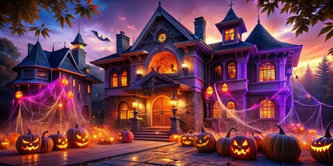 Vibrant orange and purple lights illuminate a spooky mansion facade, adorned with cobwebs, jack-o'-lanterns, and