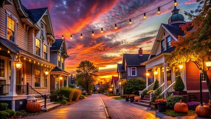 Vibrant orange and purple sunset casts a spooky glow on Sugar Hill's charming downtown streets, decked out in festive Halloween decorations and twinkling lights.