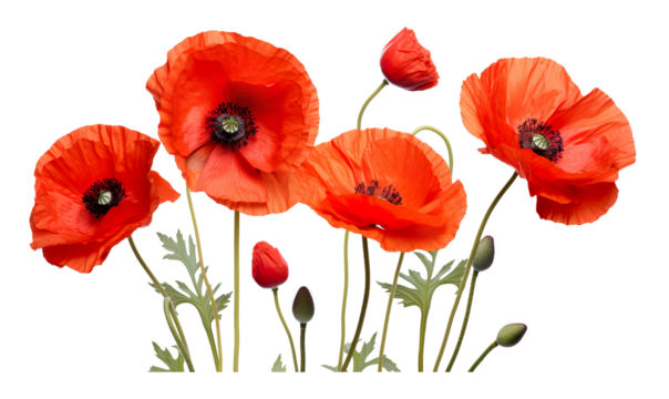 Close up of red poppies on a transparent background