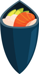 Temaki sushi hand roll presenting ingredients in a blue cone, a popular japanese cuisine dish