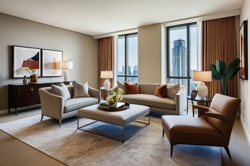 Fototapeta premium Cozy Modern Living Room Featuring Chaise Lounge and Stylish Furniture in Upscale Apartment Decor