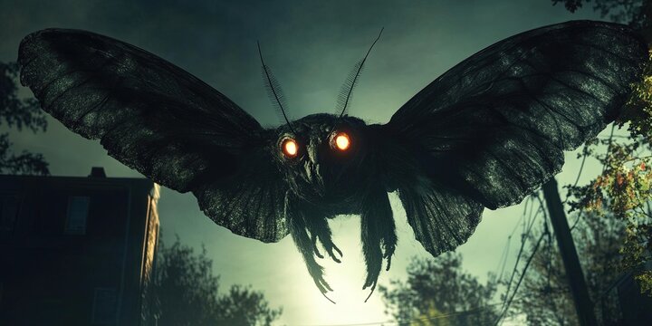 mothman cryptid with large wingspan and glowing eyes in the darkness, 