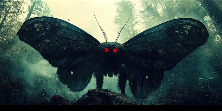 mothman cryptid with large wingspan and glowing eyes in the darkness, 