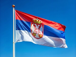 Vibrant red, blue, and white tricolor Serbian national flag waving proudly in the wind, symbolizing patriotism, unity,