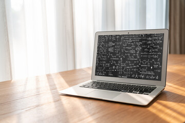 Mathematic equations and modish formula on computer screen showing concept of science and education