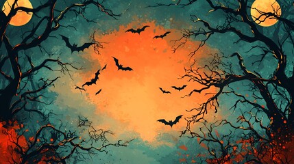 A dark and spooky silhouette of a bare tree with bats flying in the night sky with a full orange moon.