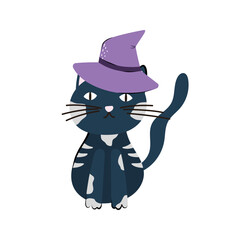 Cute Halloween cat in hat character design. Vector illustration in flat and Doodle style for the October holiday Halloween
