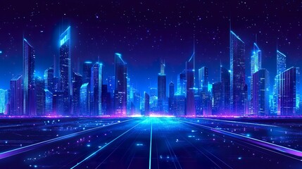 Night road to the city, neon landscape, background. Panorama of a city business skyscraper building. Modern architecture of metropolis center and big highway with fence surrounding concept