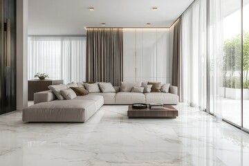 Luxurious living room with white marble flooring and a corner sofa, illuminated by natural light through sheer curtains - 3D rendering.