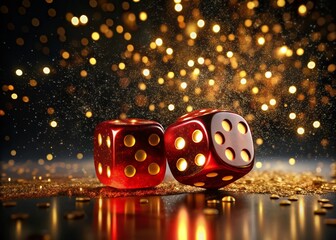 Vibrant red Lucky Seven dice stand upright on a sleek black background, surrounded by shimmering golden confetti and