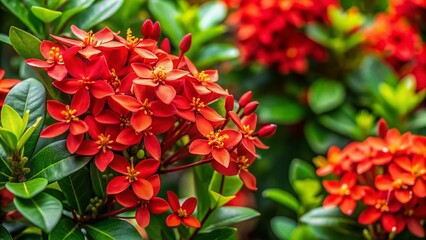Vibrant red picolinia flowers bloom amidst lush green foliage, capturing the essence of summer's warmth and serenity in