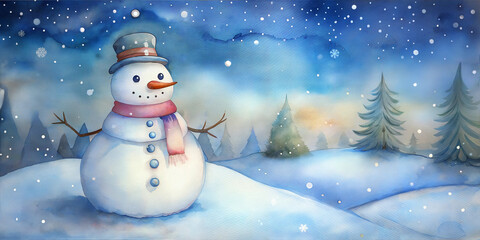 Fototapeta premium Snowman with a hat and scarf standing in a winter landscape with falling snow