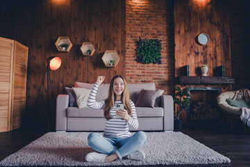Full body portrait of nice young girl raise fist use phone wear pullover modern loft interior flat indoors © deagreez