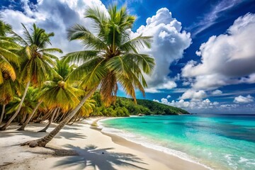 Fototapeta premium Vibrant turquoise ocean waves gently lap against a powdery white sand beach, fringed by swaying palm trees, in