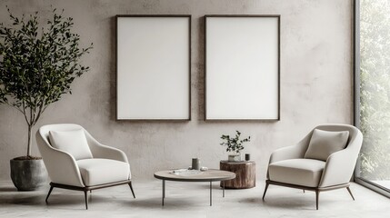 Modern living room interior in light beige tones featuring two armchairs and a table, with empty blank poster frames mock-up, rendered in 3D.