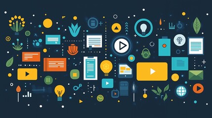 Naklejka premium Colorful digital media and technology icons arranged on a dark blue background representing content creation and connectivity.