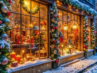 Vibrant winter scene featuring festive holiday decorations, twinkling lights, and ornate displays filling a storefront