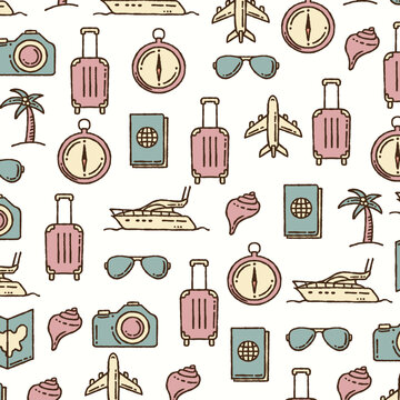 Cute seamless pattern of travel in doodle style. Suitcase, baggage, plane, fly, ticket, postcard, flight, boarding pass, clouds, view from the window, postage stamp, passport stamp, passport, route 