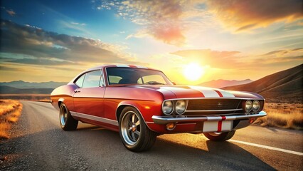 Vintage high-performance muscle car with bold stripes and sleek design, parked on a sunny day, evoking nostalgia and speed in a classic American spirit.