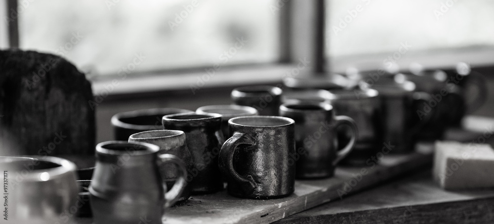 Wall mural Collection of ceramic mugs by a workshop window.